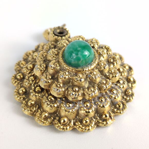 Antique Carved Goldtone & Jade Green Marble 1.5" Balm Locket Pendant French - Picture 2 of 5